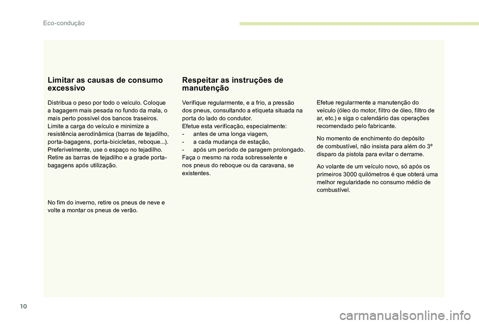 Peugeot 301 2017 Manual do proprietário (in Portuguese) 10
Limitar as causas de consumo
excessivo
Distribua o peso por todo o veículo. Coloque
a bagagem mais pesada no fundo da mala, o
mais perto possível dos bancos traseiros.
Limite a carga do veícu Peugeot 301 2017 Manual do proprietário (in Portuguese) 10
Limitar as causas de consumo
excessivo
Distribua o peso por todo o veículo. Coloque
a bagagem mais pesada no fundo da mala, o
mais perto possível dos bancos traseiros.
Limite a carga do veícu