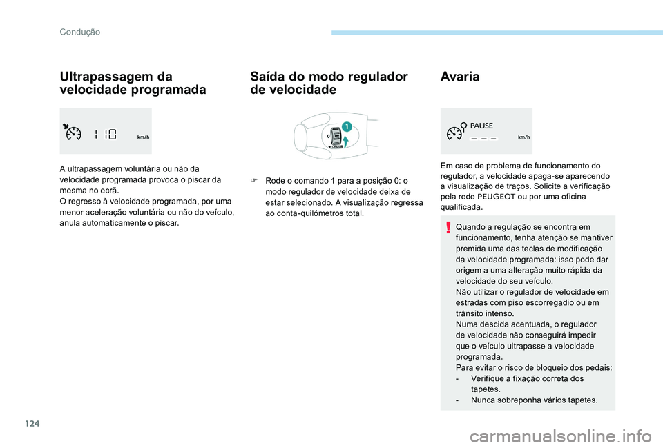 Peugeot 301 2017 Manual do proprietário (in Portuguese) 124
Ultrapassagem da
velocidade programada
A ultrapassagem voluntária ou não da
velocidade programada provoca o piscar da
mesma no ecrã.
O regresso à velocidade programada, por uma
menor acele Peugeot 301 2017 Manual do proprietário (in Portuguese) 124
Ultrapassagem da
velocidade programada
A ultrapassagem voluntária ou não da
velocidade programada provoca o piscar da
mesma no ecrã.
O regresso à velocidade programada, por uma
menor acele