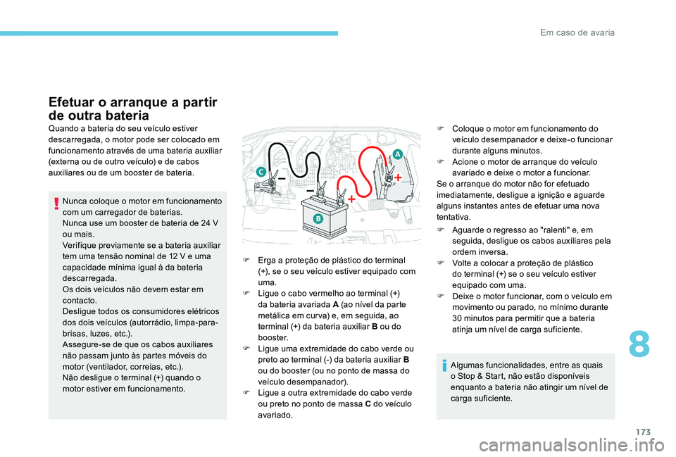 Peugeot 301 2017 Manual do proprietário (in Portuguese) 173
Efetuar o arranque a partir
de outra bateria
Quando a bateria do seu veículo estiver
descarregada, o motor pode ser colocado em
funcionamento através de uma bateria auxiliar
(externa ou de o Peugeot 301 2017 Manual do proprietário (in Portuguese) 173
Efetuar o arranque a partir
de outra bateria
Quando a bateria do seu veículo estiver
descarregada, o motor pode ser colocado em
funcionamento através de uma bateria auxiliar
(externa ou de o