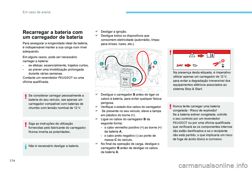 Peugeot 301 2017 Manual do proprietário (in Portuguese) 174
Recarregar a bateria com
um carregador de bateria
Para assegurar a longevidade ideal da bateria,
é indispensável manter a sua carga num nível
adequando.
Em alguns casos, pode ser necessário Peugeot 301 2017 Manual do proprietário (in Portuguese) 174
Recarregar a bateria com
um carregador de bateria
Para assegurar a longevidade ideal da bateria,
é indispensável manter a sua carga num nível
adequando.
Em alguns casos, pode ser necessário