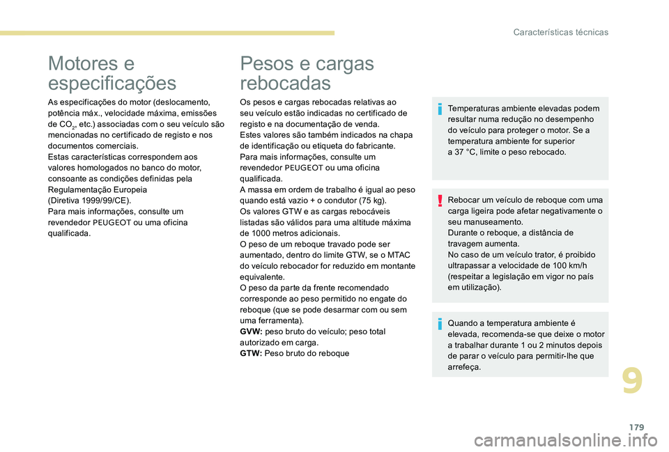 Peugeot 301 2017 Manual do proprietário (in Portuguese) 179
Motores e
especificações
As especificações do motor (deslocamento,
potência máx., velocidade máxima, emissões
de CO
2, etc.) associadas com o seu veículo são
mencionadas no certifica Peugeot 301 2017 Manual do proprietário (in Portuguese) 179
Motores e
especificações
As especificações do motor (deslocamento,
potência máx., velocidade máxima, emissões
de CO
2, etc.) associadas com o seu veículo são
mencionadas no certifica
