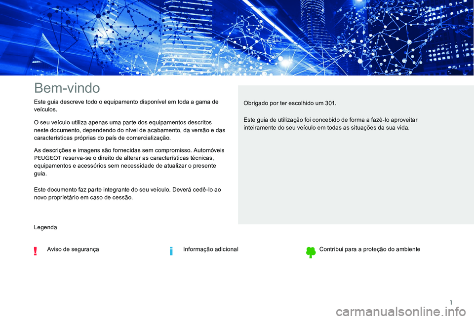 Peugeot 301 2017 Manual do proprietário (in Portuguese) 1
Bem-vindo
O seu veículo utiliza apenas uma parte dos equipamentos descritos
neste documento, dependendo do nível de acabamento, da versão e das
características próprias do país de comerciali Peugeot 301 2017 Manual do proprietário (in Portuguese) 1
Bem-vindo
O seu veículo utiliza apenas uma parte dos equipamentos descritos
neste documento, dependendo do nível de acabamento, da versão e das
características próprias do país de comerciali