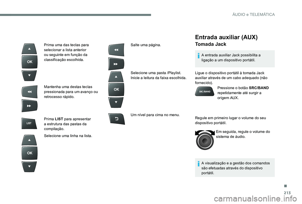 Peugeot 301 2017 Manual do proprietário (in Portuguese) 213
Entrada auxiliar (AUX)
Tomada Jack
A entrada auxiliar Jack possibilita a
ligação a um dispositivo portátil.
A visualização e a gestão dos comandos
são efetuadas através do dispositivo
p Peugeot 301 2017 Manual do proprietário (in Portuguese) 213
Entrada auxiliar (AUX)
Tomada Jack
A entrada auxiliar Jack possibilita a
ligação a um dispositivo portátil.
A visualização e a gestão dos comandos
são efetuadas através do dispositivo
p