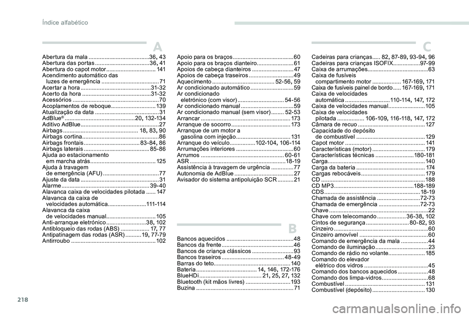 Peugeot 301 2017 Manual do proprietário (in Portuguese) 218
Abertura da mala ......................................36, 43
Abertura das portas .................................. 36,
41
Abertura do capot motor
...............................141
Acendimen Peugeot 301 2017 Manual do proprietário (in Portuguese) 218
Abertura da mala ......................................36, 43
Abertura das portas .................................. 36,
41
Abertura do capot motor
...............................141
Acendimen