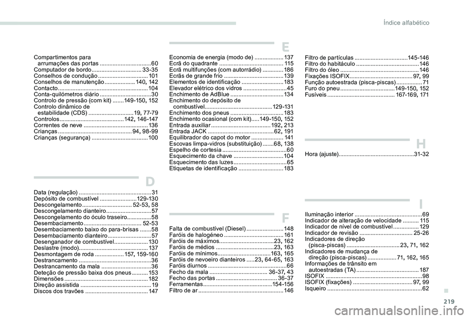 Peugeot 301 2017 Manual do proprietário (in Portuguese) 219
Economia de energia (modo de) ..................137
Ecrã do quadrante ........................................ 115
Ecrã multifunções (com autorrádio)
.............18 6
Ecrãs de grande f Peugeot 301 2017 Manual do proprietário (in Portuguese) 219
Economia de energia (modo de) ..................137
Ecrã do quadrante ........................................ 115
Ecrã multifunções (com autorrádio)
.............18 6
Ecrãs de grande f