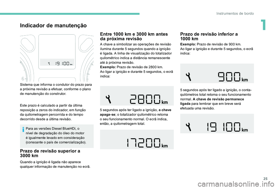 Peugeot 301 2017 Manual do proprietário (in Portuguese) 25
Indicador de manutenção
Para as versões Diesel BlueHDi, o
nível de degradação do óleo do motor
é igualmente levado em consideração
(consoante o país de comercialização).
Quando a ig Peugeot 301 2017 Manual do proprietário (in Portuguese) 25
Indicador de manutenção
Para as versões Diesel BlueHDi, o
nível de degradação do óleo do motor
é igualmente levado em consideração
(consoante o país de comercialização).
Quando a ig