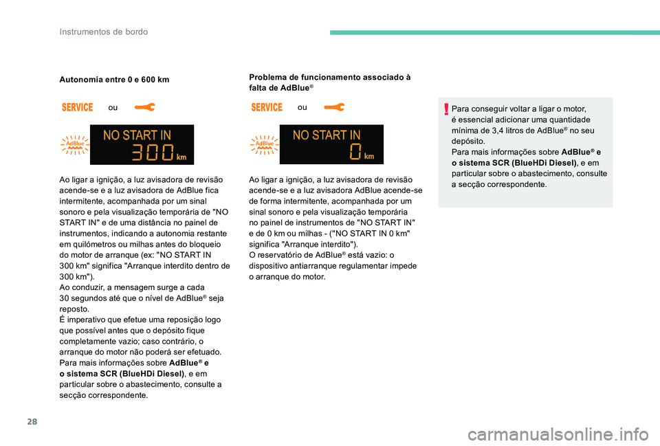 Peugeot 301 2017 Manual do proprietário (in Portuguese) 28
ou
Autonomia entre 0 e 600 km
ou
Problema de funcionamento associado à
falta de AdBlue
®
Para conseguir voltar a ligar o motor,
é essencial adicionar uma quantidade
mínima de 3,4 litros Peugeot 301 2017 Manual do proprietário (in Portuguese) 28
ou
Autonomia entre 0 e 600 km
ou
Problema de funcionamento associado à
falta de AdBlue
®
Para conseguir voltar a ligar o motor,
é essencial adicionar uma quantidade
mínima de 3,4 litros