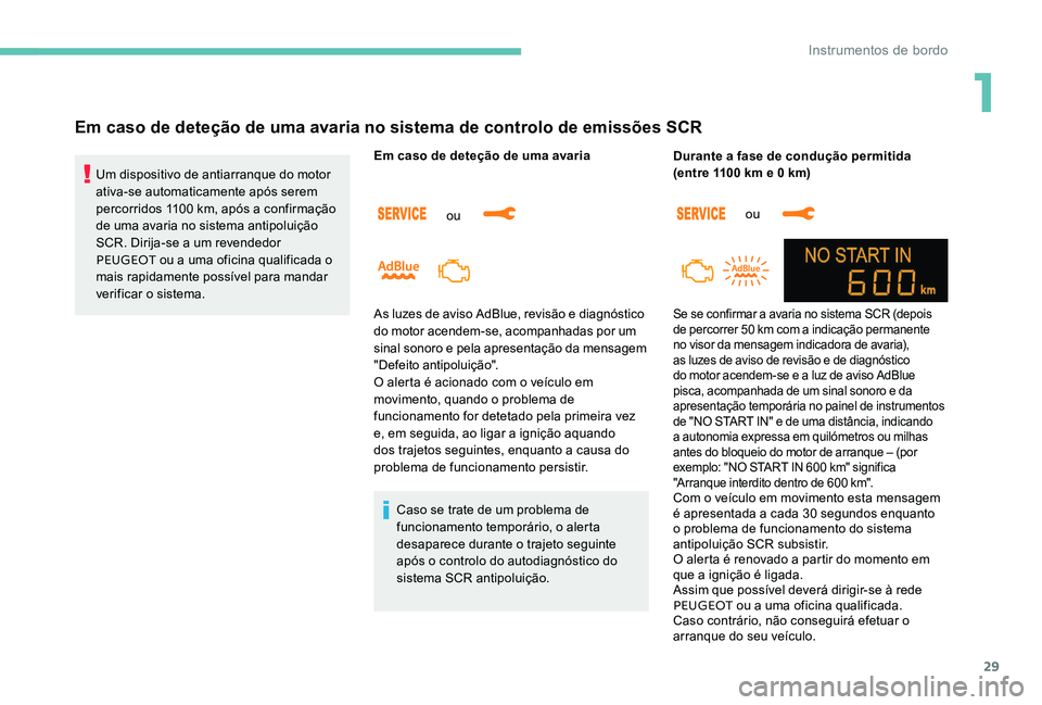 Peugeot 301 2017 Manual do proprietário (in Portuguese) 29
Em caso de deteção de uma avaria no sistema de controlo de emissões SCR
Um dispositivo de antiarranque do motor
ativa-se automaticamente após serem
percorridos 1100 km, após a confirmação Peugeot 301 2017 Manual do proprietário (in Portuguese) 29
Em caso de deteção de uma avaria no sistema de controlo de emissões SCR
Um dispositivo de antiarranque do motor
ativa-se automaticamente após serem
percorridos 1100 km, após a confirmação