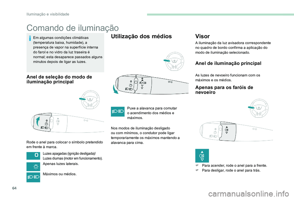 Peugeot 301 2017 Manual do proprietário (in Portuguese) 64
Comando de iluminação
Em algumas condições climáticas
(temperatura baixa, humidade), a
presença de vapor na super fície interna
do farol e no vidro da luz traseira é
normal; esta desapa Peugeot 301 2017 Manual do proprietário (in Portuguese) 64
Comando de iluminação
Em algumas condições climáticas
(temperatura baixa, humidade), a
presença de vapor na super fície interna
do farol e no vidro da luz traseira é
normal; esta desapa