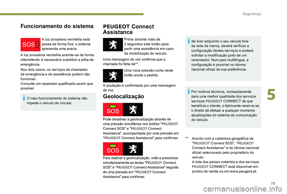 Peugeot 301 2017 Manual do proprietário (in Portuguese) 73
Funcionamento do sistemaPEUGEOT Connect
Assistance
A luz avisadora vermelha está
acesa de forma fixa: o sistema
apresenta uma avaria.
A luz avisadora vermelha acende-se de forma
intermitente: Peugeot 301 2017 Manual do proprietário (in Portuguese) 73
Funcionamento do sistemaPEUGEOT Connect
Assistance
A luz avisadora vermelha está
acesa de forma fixa: o sistema
apresenta uma avaria.
A luz avisadora vermelha acende-se de forma
intermitente: