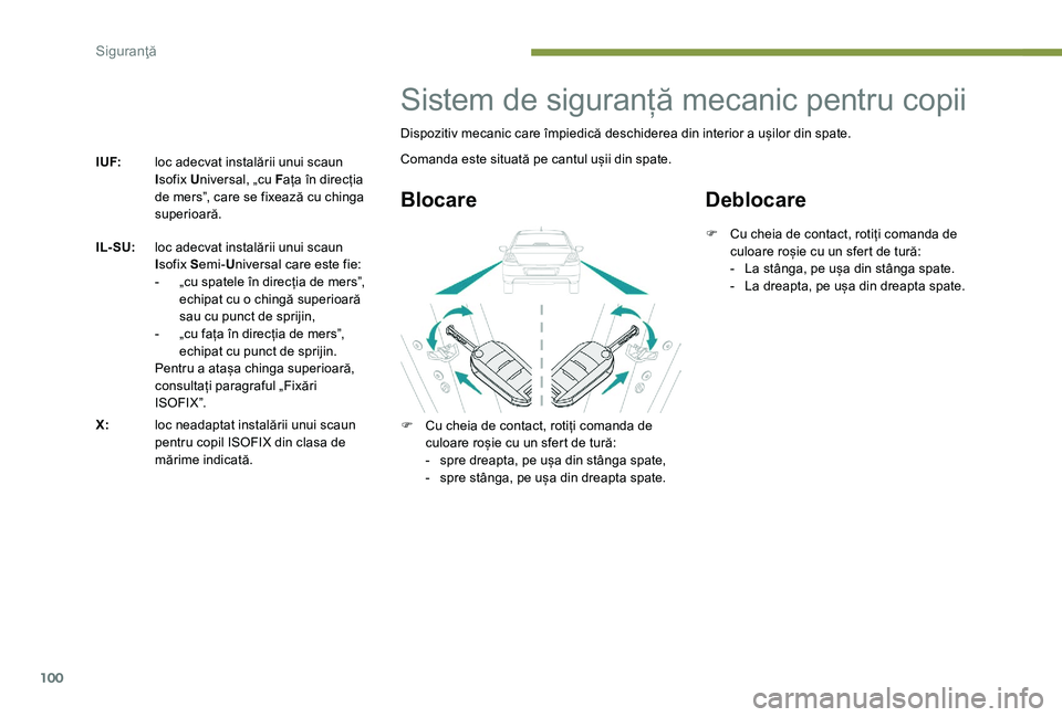 Peugeot 301 2017 Manualul de utilizare (in Romanian) 100
I UF:loc adecvat instalării unui scaun
Isofix U niversal, „cu F ața în direcția
de mers”, care se fixează cu chinga
superioară.
IL- SU: loc adecvat instalării unui scaun
Isofix S em Peugeot 301 2017 Manualul de utilizare (in Romanian) 100
I UF:loc adecvat instalării unui scaun
Isofix U niversal, „cu F ața în direcția
de mers”, care se fixează cu chinga
superioară.
IL- SU: loc adecvat instalării unui scaun
Isofix S em