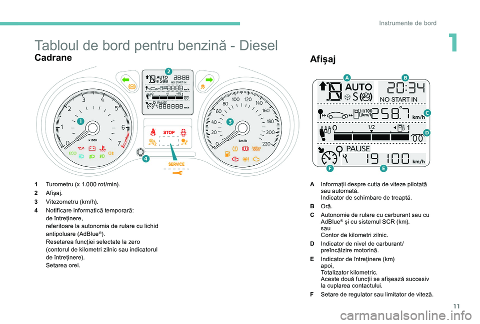 Peugeot 301 2017  Manualul de utilizare (in Romanian) 11
Tabloul de bord pentru benzină - Diesel
Cadrane
1Turometru (x 1.000 rot /min).
2 Afișaj.
3 Vitezometru (km/h).
4 Notificare informatică temporară:
de întreținere,
referitoare la autonomia de 