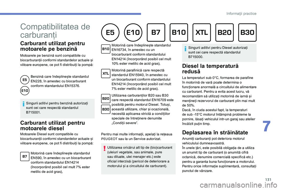 Peugeot 301 2017 Manualul de utilizare (in Romanian) 131
Carburant utilizat pentru
motoarele pe benzină
Motoarele pe benzină sunt compatibile cu
biocarburanții conformi standardelor actuale și
viitoare europene, ce pot fi distribuiți la pompă:B Peugeot 301 2017 Manualul de utilizare (in Romanian) 131
Carburant utilizat pentru
motoarele pe benzină
Motoarele pe benzină sunt compatibile cu
biocarburanții conformi standardelor actuale și
viitoare europene, ce pot fi distribuiți la pompă:B