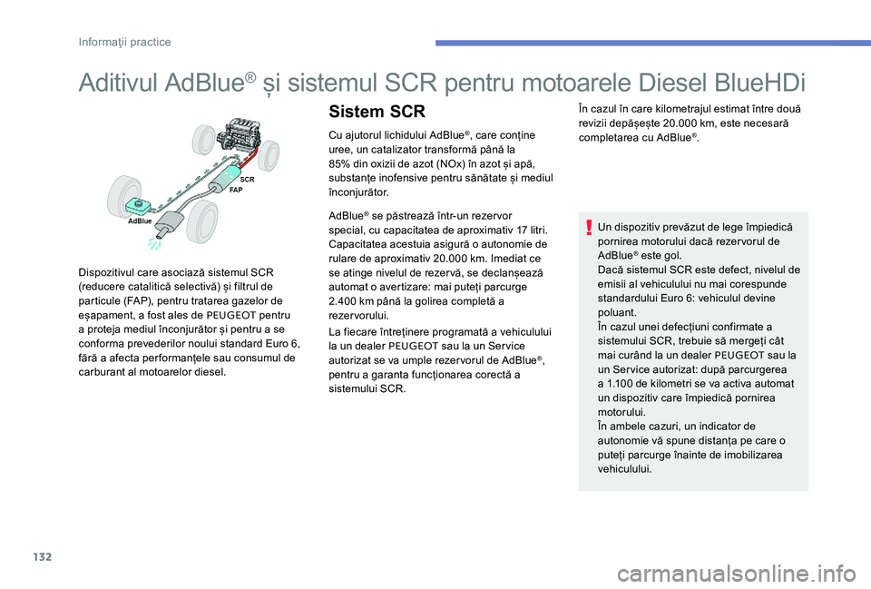 Peugeot 301 2017 Manualul de utilizare (in Romanian) 132
Aditivul AdBlue® și sistemul SCR pentru motoarele Diesel BlueHDi
Cu ajutorul lichidului AdBlue®, care conține
uree, un catalizator transformă până la
85% din oxizii de azot (NOx) în azot Peugeot 301 2017 Manualul de utilizare (in Romanian) 132
Aditivul AdBlue® și sistemul SCR pentru motoarele Diesel BlueHDi
Cu ajutorul lichidului AdBlue®, care conține
uree, un catalizator transformă până la
85% din oxizii de azot (NOx) în azot