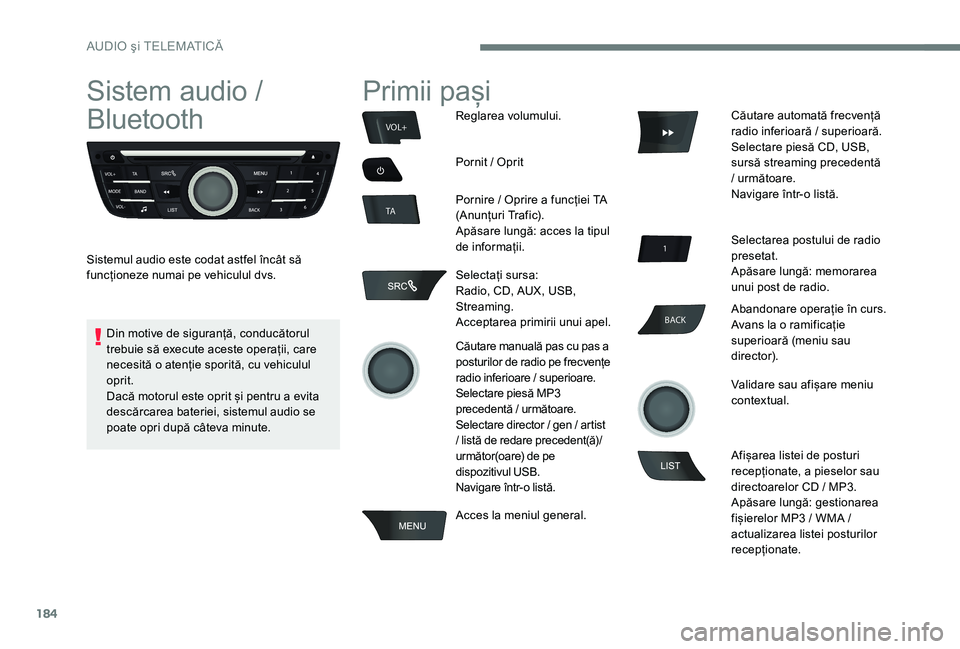 Peugeot 301 2017  Manualul de utilizare (in Romanian) 184
BACK
VOL+
TA
Sistem audio / 
Bluetooth
Sistemul audio este codat astfel încât să 
funcționeze numai pe vehiculul dvs.
Primii pași
Reglarea volumului.
Pornit / Oprit
Pornire / Oprire a funcți