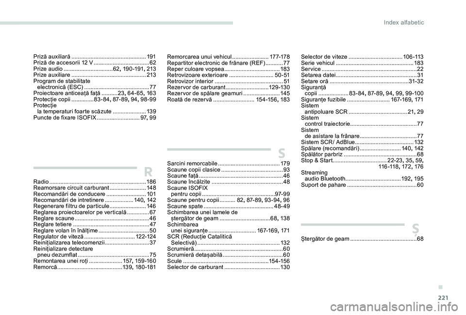 Peugeot 301 2017 Manualul de utilizare (in Romanian) 221
RRadio .............................................................18 6
Reamorsare circuit carburant ....................... 14
8
Recomandări de conducere
.........................10
1
Recoma Peugeot 301 2017 Manualul de utilizare (in Romanian) 221
RRadio .............................................................18 6
Reamorsare circuit carburant ....................... 14
8
Recomandări de conducere
.........................10
1
Recoma