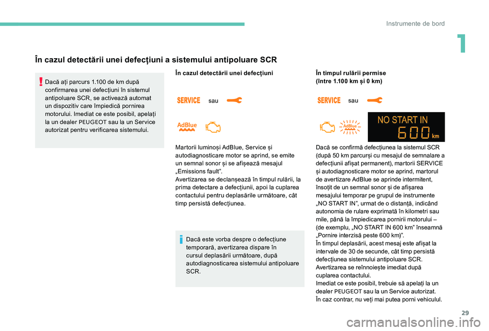 Peugeot 301 2017  Manualul de utilizare (in Romanian) 29
În cazul detectării unei defecțiuni a sistemului antipoluare SCR
Dacă ați parcurs 1.100 de km după 
c onfirmarea unei defecțiuni în sistemul 
antipoluare SCR, se activează automat 
un disp