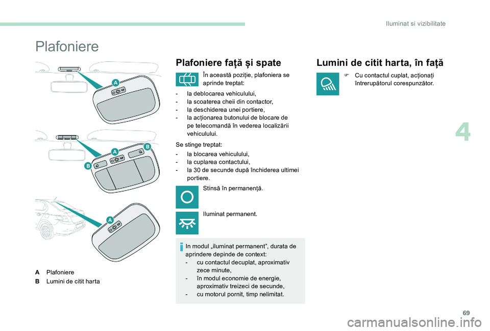 Peugeot 301 2017  Manualul de utilizare (in Romanian) 69
Plafoniere
APlafoniere
B Lumini de citit harta
Plafoniere față și spate
In modul „iluminat permanent”, durata de 
aprindere depinde de context:
-
 
c
 u contactul decuplat, aproximativ 
zece