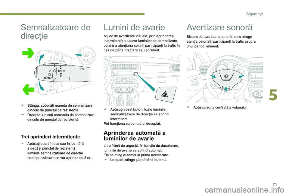 Peugeot 301 2017  Manualul de utilizare (in Romanian) 71
Semnalizatoare de 
direcție
F Stânga: coborâți maneta de semnalizare dincolo de punctul de rezistență.
F
 
D
 reapta: ridicați comanda de semnalizare 
dincolo de punctul de rezistență.
Tre