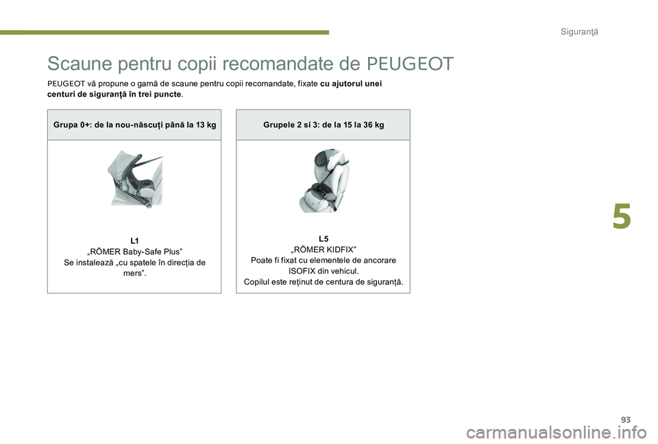 Peugeot 301 2017 Manualul de utilizare (in Romanian) 93
Scaune pentru copii recomandate de PEUGEOT
PEUGEOT vă propune o gamă de scaune pentru copii recomandate, fixate cu ajutorul unei
centuri de siguranță în trei puncte .
Grupa 0+: de la nou-năs Peugeot 301 2017 Manualul de utilizare (in Romanian) 93
Scaune pentru copii recomandate de PEUGEOT
PEUGEOT vă propune o gamă de scaune pentru copii recomandate, fixate cu ajutorul unei
centuri de siguranță în trei puncte .
Grupa 0+: de la nou-năs