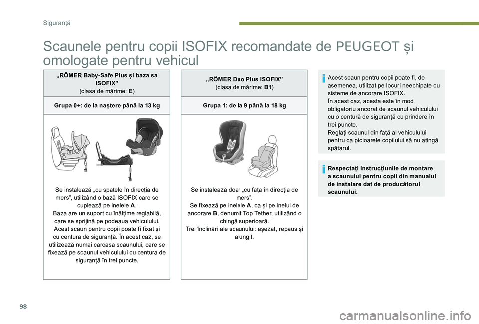 Peugeot 301 2017 Manualul de utilizare (in Romanian) 98
Scaunele pentru copii ISOFIX recomandate de PEUGEOT și
omologate pentru vehicul
„RÖMER Baby- Safe Plus și baza sa
ISOFIX”
(clasa de mărime: E )
Grupa 0+: de la naștere până la 13
kg
Peugeot 301 2017 Manualul de utilizare (in Romanian) 98
Scaunele pentru copii ISOFIX recomandate de PEUGEOT și
omologate pentru vehicul
„RÖMER Baby- Safe Plus și baza sa
ISOFIX”
(clasa de mărime: E )
Grupa 0+: de la naștere până la 13
kg