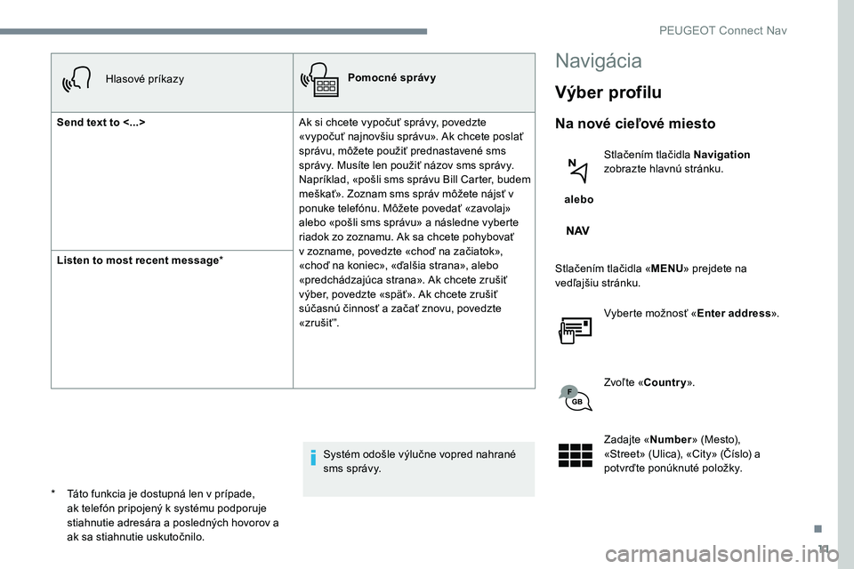 Peugeot 301 2017  Užívateľská príručka (in Slovak) 11
Hlasové príkazyPomocné správy
Send text to <...>  Ak si chcete vypočuť správy, povedzte 
«vypočuť najnovšiu správu». Ak chcete poslať 
správu, môžete použiť prednastavené sms 
s