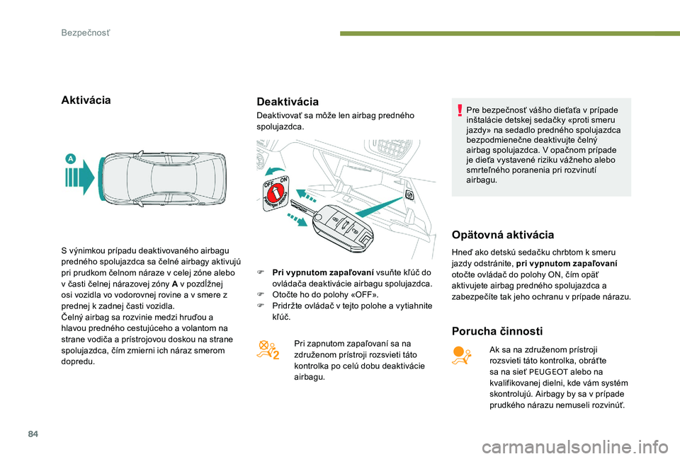 Peugeot 301 2017  Užívateľská príručka (in Slovak) 84
AktiváciaDeaktivácia
Porucha činnosti
Ak sa na združenom prístroji 
rozsvieti táto kontrolka, obráťte 
sa na sieť PEUGEOT alebo na 
kvalifikovanej dielni, kde vám systém 
skontrolujú. A