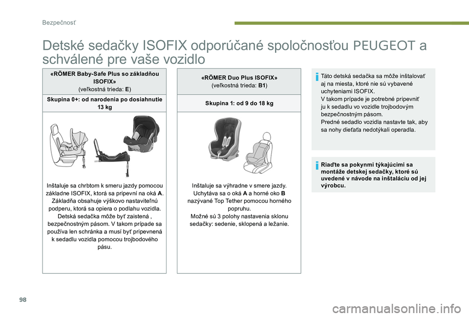 Peugeot 301 2017  Užívateľská príručka (in Slovak) 98
Detské sedačky ISOFIX odporúčané spoločnosťou PEUGEOT a 
schválené pre vaše vozidlo
«RÖMER Baby- Safe Plus so základňou 
ISOFIX»
(veľkostná trieda: E )
Skupina 0+: od narodenia po 