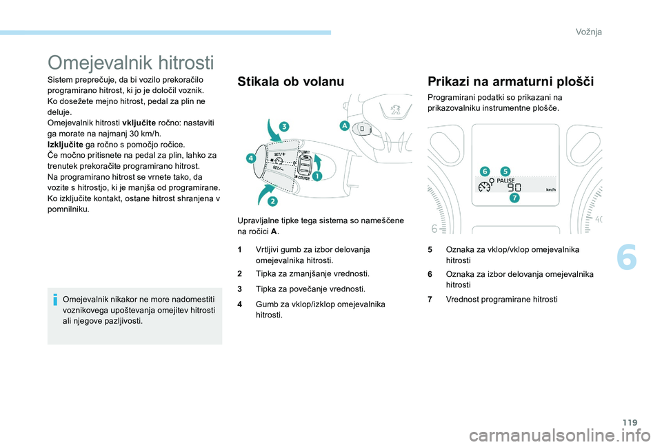 Peugeot 301 2017 Priročnik za lastnika (in Slovenian) 119
Omejevalnik hitrosti
Sistem preprečuje, da bi vozilo prekoračilo
programirano hitrost, ki jo je določil voznik.
Ko dosežete mejno hitrost, pedal za plin ne
deluje.
Omejevalnik hitrosti vklju Peugeot 301 2017 Priročnik za lastnika (in Slovenian) 119
Omejevalnik hitrosti
Sistem preprečuje, da bi vozilo prekoračilo
programirano hitrost, ki jo je določil voznik.
Ko dosežete mejno hitrost, pedal za plin ne
deluje.
Omejevalnik hitrosti vklju