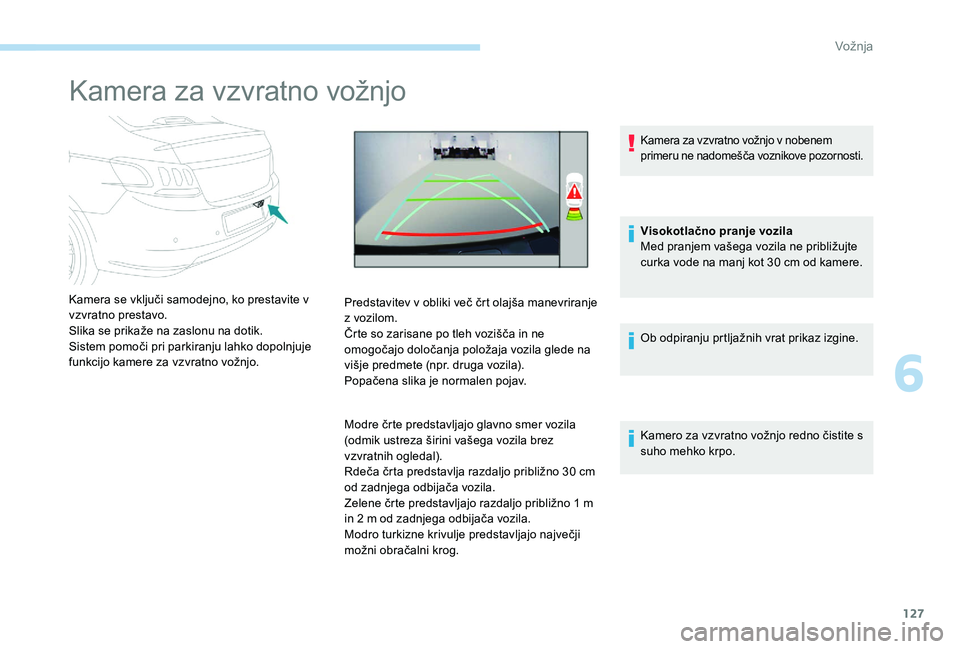 Peugeot 301 2017 Priročnik za lastnika (in Slovenian) 127
Kamera za vzvratno vožnjo
Kamera se vključi samodejno, ko prestavite v
vzvratno prestavo.
Slika se prikaže na zaslonu na dotik.
Sistem pomoči pri parkiranju lahko dopolnjuje
funkcijo kamere Peugeot 301 2017 Priročnik za lastnika (in Slovenian) 127
Kamera za vzvratno vožnjo
Kamera se vključi samodejno, ko prestavite v
vzvratno prestavo.
Slika se prikaže na zaslonu na dotik.
Sistem pomoči pri parkiranju lahko dopolnjuje
funkcijo kamere