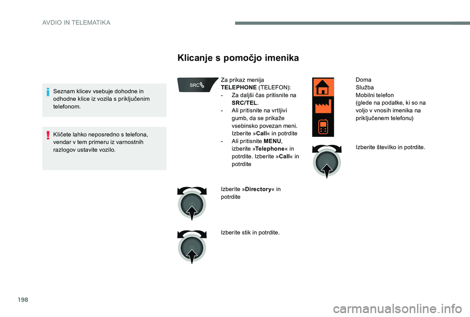 Peugeot 301 2017 Priročnik za lastnika (in Slovenian) 198
Seznam klicev vsebuje dohodne in
odhodne klice iz vozila s priključenim
telefonom.
Kličete lahko neposredno s telefona,
vendar v tem primeru iz varnostnih
razlogov ustavite vozilo.
Klicanje Peugeot 301 2017 Priročnik za lastnika (in Slovenian) 198
Seznam klicev vsebuje dohodne in
odhodne klice iz vozila s priključenim
telefonom.
Kličete lahko neposredno s telefona,
vendar v tem primeru iz varnostnih
razlogov ustavite vozilo.
Klicanje