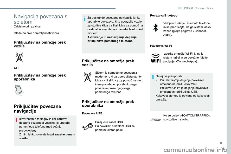 Peugeot 301 2017 Priročnik za lastnika (in Slovenian) 15
Navigacija povezana s
spletom
Odvisno od različice
Glede na nivo opremljenosti vozila
Priključitev na omrežje prek
vozila
ALI
Priključitev na omrežje prek
uporabnika
Priključitev povezane Peugeot 301 2017 Priročnik za lastnika (in Slovenian) 15
Navigacija povezana s
spletom
Odvisno od različice
Glede na nivo opremljenosti vozila
Priključitev na omrežje prek
vozila
ALI
Priključitev na omrežje prek
uporabnika
Priključitev povezane
