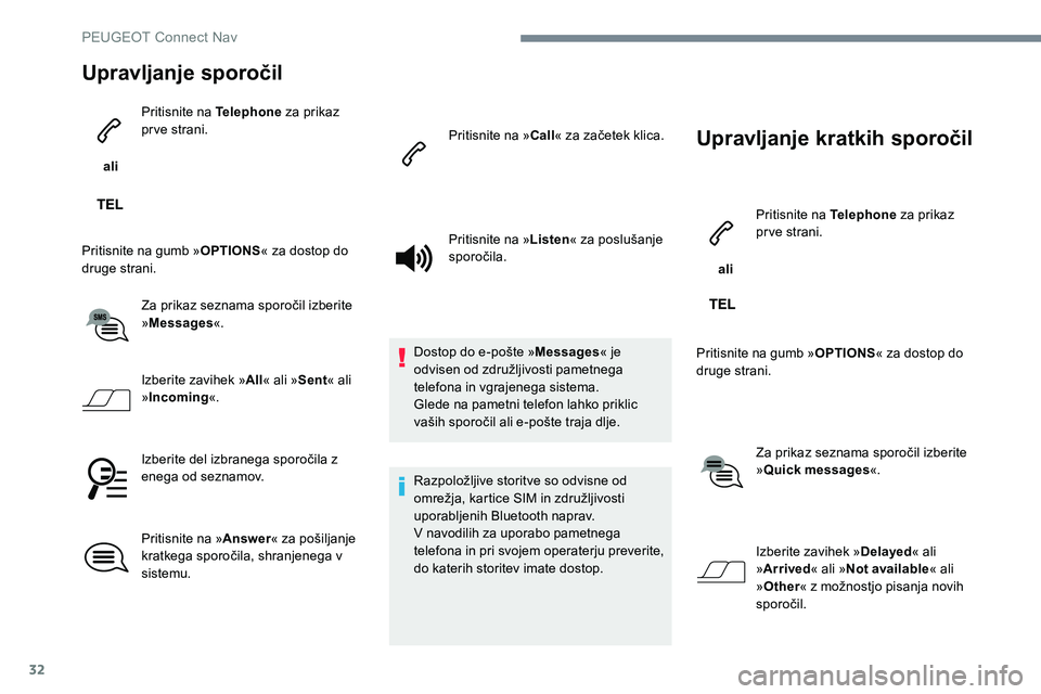 Peugeot 301 2017 Priročnik za lastnika (in Slovenian) 32
Upravljanje sporočil
ali Pritisnite na Telephone
za prikaz
prve strani.
Pritisnite na gumb » OPTIONS« za dostop do
druge strani.
Za prikaz seznama sporočil izberite
»Messages «.
Izberite Peugeot 301 2017 Priročnik za lastnika (in Slovenian) 32
Upravljanje sporočil
ali Pritisnite na Telephone
za prikaz
prve strani.
Pritisnite na gumb » OPTIONS« za dostop do
druge strani.
Za prikaz seznama sporočil izberite
»Messages «.
Izberite