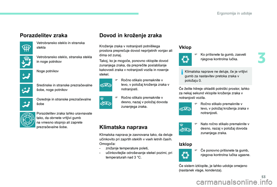 Peugeot 301 2017 Priročnik za lastnika (in Slovenian) 53
Porazdelitev zraka
Vetrobransko steklo in stranska
stekla
Vetrobransko steklo, stranska stekla
in noge potnikov
Noge potnikov
Sredinske in stranske prezračevalne
šobe, noge potnikov
Osrednje i Peugeot 301 2017 Priročnik za lastnika (in Slovenian) 53
Porazdelitev zraka
Vetrobransko steklo in stranska
stekla
Vetrobransko steklo, stranska stekla
in noge potnikov
Noge potnikov
Sredinske in stranske prezračevalne
šobe, noge potnikov
Osrednje i