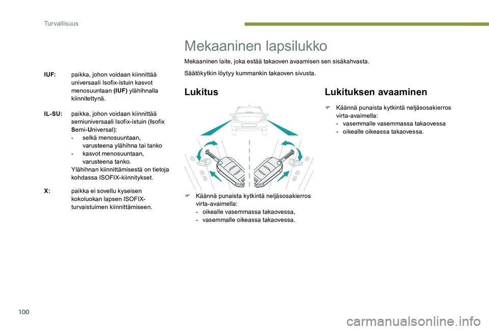 Peugeot 301 2017  Omistajan käsikirja (in Finnish) 100
I UF:paikka, johon voidaan kiinnittää 
universaali Isofix-istuin kasvot 
menosuuntaan (IUF)  ylähihnalla 
kiinnitettynä.
IL- SU: paikka, johon voidaan kiinnittää 
semiuniversaali Isofix-istu