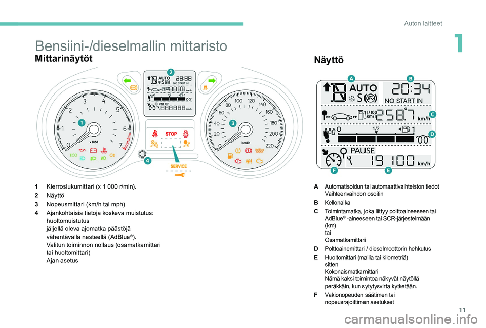 Peugeot 301 2017  Omistajan käsikirja (in Finnish) 11
Bensiini-/dieselmallin mittaristo
Mittarinäytöt
1Kierroslukumittari (x 1 000 r/min).
2 Näyttö
3 Nopeusmittari (km/h tai mph)
4 Ajankohtaisia tietoja koskeva muistutus:
huoltomuistutus
jäljell�