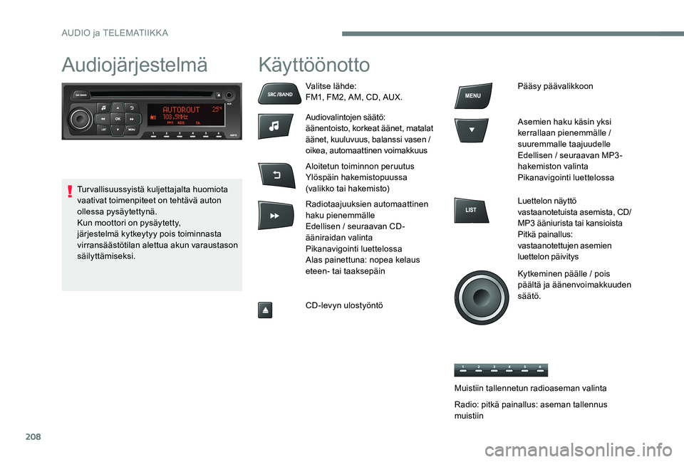 Peugeot 301 2017  Omistajan käsikirja (in Finnish) 208
AudiojärjestelmäKäyttöönotto
Valitse lähde:
FM1, FM2, AM, CD, AUX.
Audiovalintojen säätö:
äänentoisto, korkeat äänet, matalat 
äänet, kuuluvuus, balanssi vasen / 
oikea, automaattin