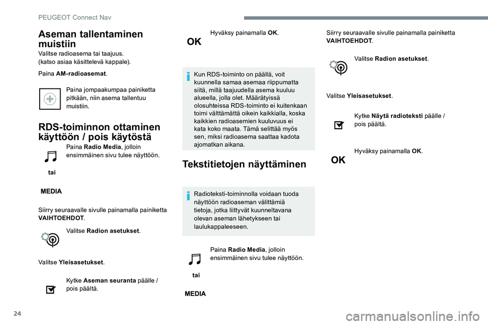 Peugeot 301 2017 Omistajan käsikirja (in Finnish) 24
Paina jompaakumpaa painiketta
pitkään, niin asema tallentuu
muistiin.
RDS-toiminnon ottaminen
käyttöön / pois käytöstä
tai Paina Radio Media
, jolloin
ensimmäinen sivu tulee näyttö Peugeot 301 2017 Omistajan käsikirja (in Finnish) 24
Paina jompaakumpaa painiketta
pitkään, niin asema tallentuu
muistiin.
RDS-toiminnon ottaminen
käyttöön / pois käytöstä
tai Paina Radio Media
, jolloin
ensimmäinen sivu tulee näyttö