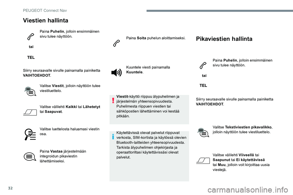 Peugeot 301 2017 Omistajan käsikirja (in Finnish) 32
Viestien hallinta
tai Paina Puhelin
, jolloin ensimmäinen
sivu tulee näyttöön.
Siirry seuraavalle sivulle painamalla painiketta
VAIHTOEHDOT .
Valitse Viestit , jolloin näyttöön tulee
vie Peugeot 301 2017 Omistajan käsikirja (in Finnish) 32
Viestien hallinta
tai Paina Puhelin
, jolloin ensimmäinen
sivu tulee näyttöön.
Siirry seuraavalle sivulle painamalla painiketta
VAIHTOEHDOT .
Valitse Viestit , jolloin näyttöön tulee
vie