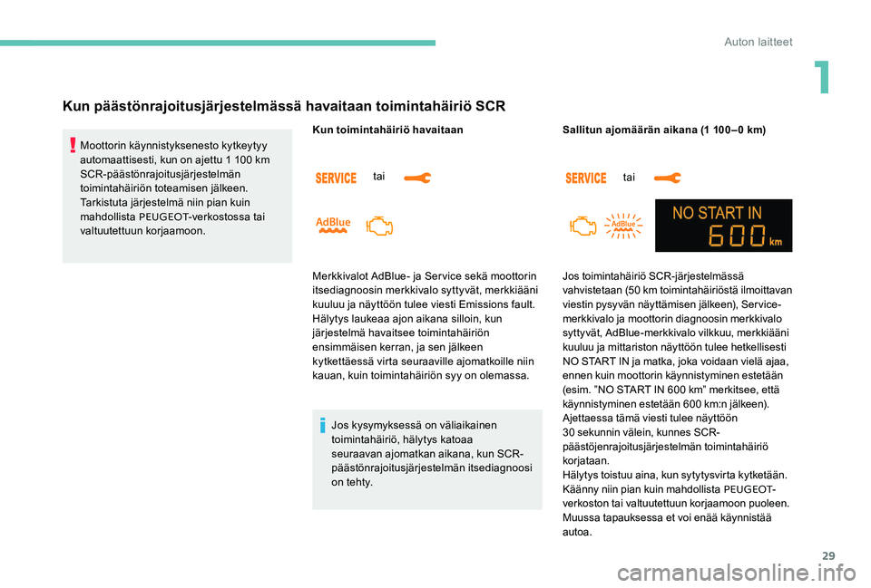 Peugeot 301 2017  Omistajan käsikirja (in Finnish) 29
Kun päästönrajoitusjärjestelmässä havaitaan toimintahäiriö SCR
Moottorin käynnistyksenesto kytkeytyy 
automaattisesti, kun on ajettu 1 100  km 
SCR-päästönrajoitusjärjestelmän 
toimin