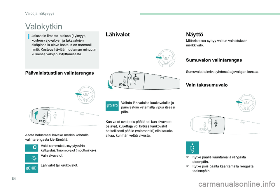 Peugeot 301 2017  Omistajan käsikirja (in Finnish) 64
Valokytkin
Joissakin ilmasto-oloissa (kylmyys, 
kosteus) ajovalojen ja takavalojen 
sisäpinnalla oleva kosteus on normaali 
ilmiö. Kosteus häviää muutaman minuutin 
kuluessa valojen sytyttämi
