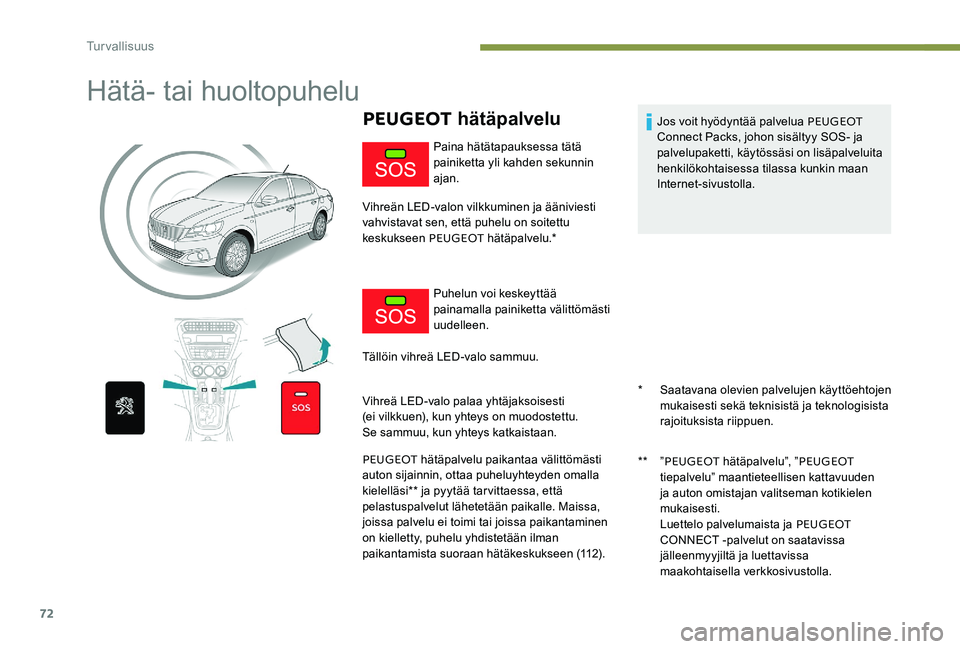 Peugeot 301 2017  Omistajan käsikirja (in Finnish) 72
Hätä- tai huoltopuhelu
PEUGEOT hätäpalvelu
* Saatavana olevien palvelujen käyttöehtojen 
mukaisesti sekä teknisistä ja teknologisista 
rajoituksista riippuen.
**
  ”PEUGEOT  hätäpalvelu