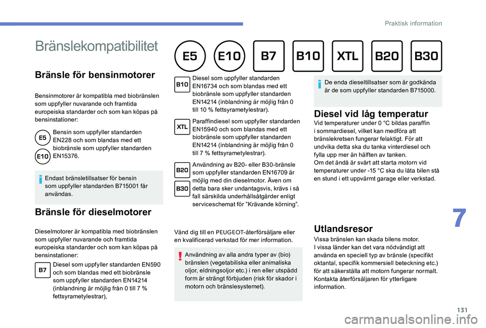 Peugeot 301 2017  Ägarmanual (in Swedish) 131
Bränsle för bensinmotorer
Bensinmotorer är kompatibla med biobränslen 
som uppfyller nuvarande och framtida 
europeiska standarder och som kan köpas på 
bensinstationer:Bensin som uppfyller 