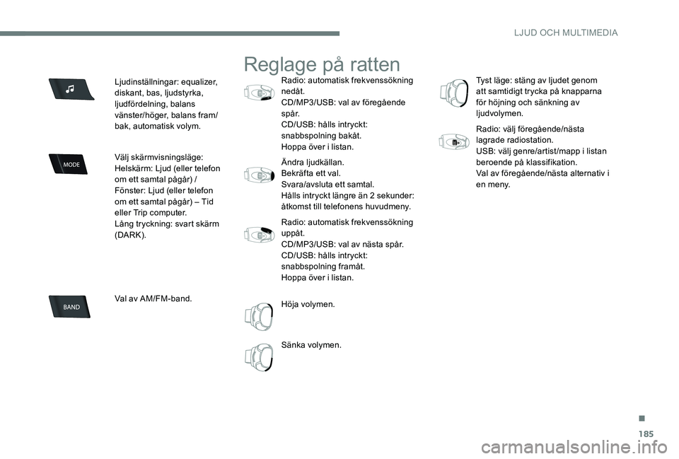Peugeot 301 2017 Ägarmanual (in Swedish) 185
Ljudinställningar: equalizer,
diskant, bas, ljudstyrka,
ljudfördelning, balans
vänster/höger, balans fram/
bak, automatisk volym.
Välj skärmvisningsläge:
Helskärm: Ljud (eller telefon
Peugeot 301 2017 Ägarmanual (in Swedish) 185
Ljudinställningar: equalizer,
diskant, bas, ljudstyrka,
ljudfördelning, balans
vänster/höger, balans fram/
bak, automatisk volym.
Välj skärmvisningsläge:
Helskärm: Ljud (eller telefon