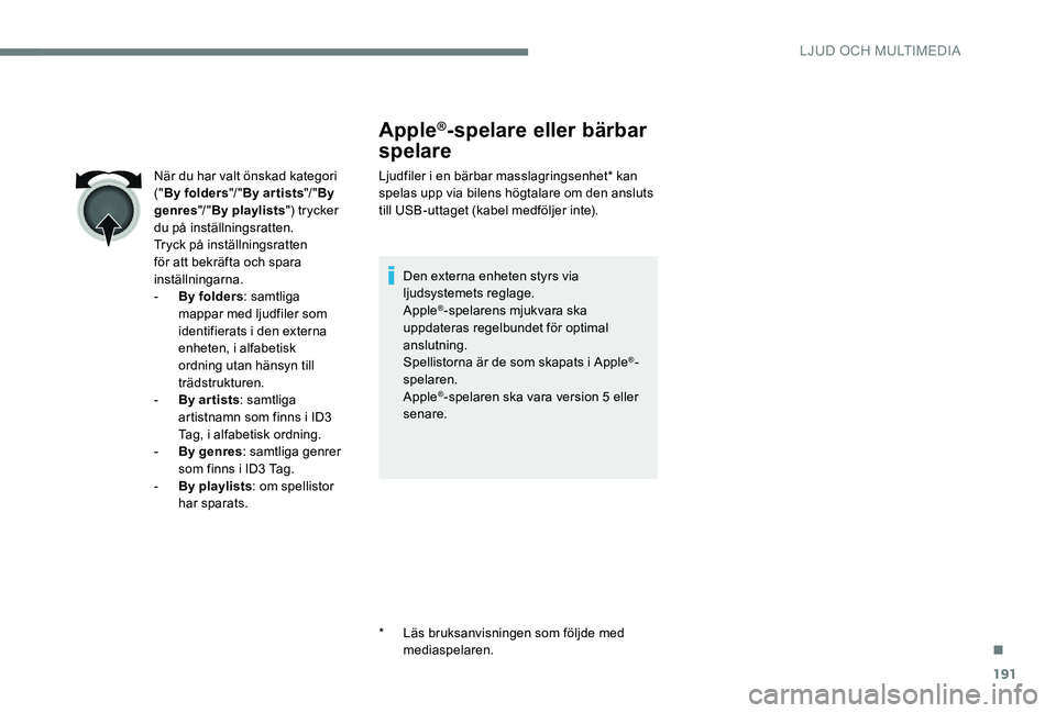 Peugeot 301 2017 Ägarmanual (in Swedish) 191
Apple®-spelare eller bärbar
spelare
Ljudfiler i en bärbar masslagringsenhet* kan
spelas upp via bilens högtalare om den ansluts
till USB-uttaget (kabel medföljer inte).
Den externa enheten Peugeot 301 2017 Ägarmanual (in Swedish) 191
Apple®-spelare eller bärbar
spelare
Ljudfiler i en bärbar masslagringsenhet* kan
spelas upp via bilens högtalare om den ansluts
till USB-uttaget (kabel medföljer inte).
Den externa enheten