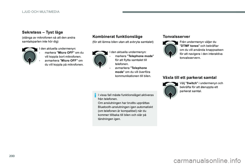 Peugeot 301 2017  Ägarmanual (in Swedish) 200
Sekretess – Tyst läge
(stänga av mikrofonen så att den andra 
samtalsparten inte hör dig)I den aktuella undermenyn:
-
 
m
 arkera "Micro OFF " om du 
vill koppla bort mikrofonen.
-
 