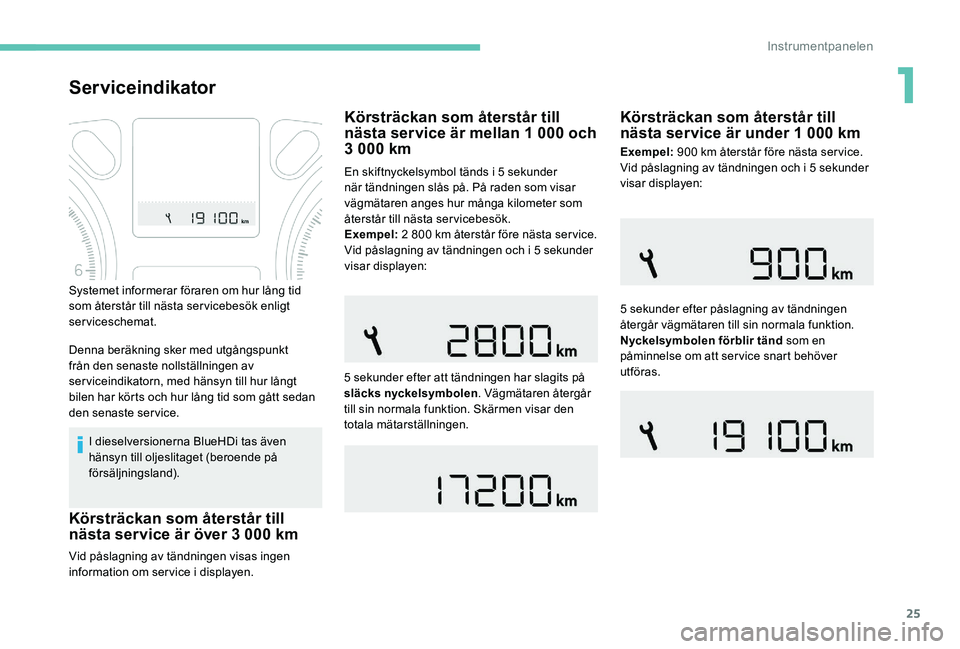 Peugeot 301 2017 Ägarmanual (in Swedish) 25
Serviceindikator
I dieselversionerna BlueHDi tas även
hänsyn till oljeslitaget (beroende på
försäljningsland).
Vid påslagning av tändningen visas ingen
information om service i displayen. Peugeot 301 2017 Ägarmanual (in Swedish) 25
Serviceindikator
I dieselversionerna BlueHDi tas även
hänsyn till oljeslitaget (beroende på
försäljningsland).
Vid påslagning av tändningen visas ingen
information om service i displayen.