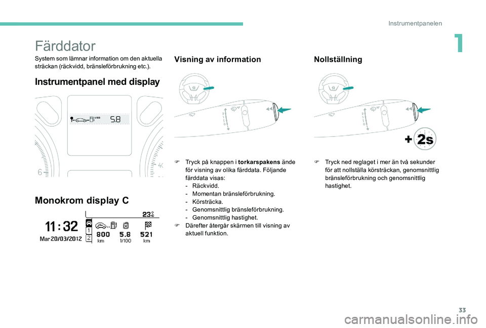 Peugeot 301 2017 Ägarmanual (in Swedish) 33
Färddator
System som lämnar information om den aktuella
sträckan (räckvidd, bränsleförbrukning etc.).
Instrumentpanel med display
Monokrom display C
Visning av information
F Tryck på knappe Peugeot 301 2017 Ägarmanual (in Swedish) 33
Färddator
System som lämnar information om den aktuella
sträckan (räckvidd, bränsleförbrukning etc.).
Instrumentpanel med display
Monokrom display C
Visning av information
F Tryck på knappe