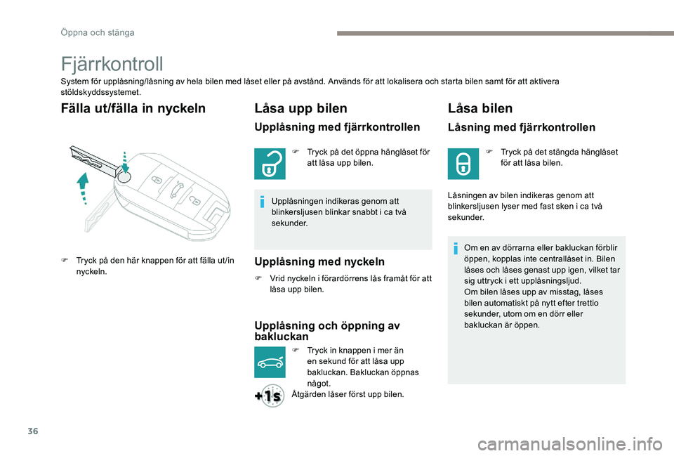 Peugeot 301 2017 Ägarmanual (in Swedish) 36
Fjärrkontroll
System för upplåsning/låsning av hela bilen med låset eller på avstånd. Används för att lokalisera och starta bilen samt för att aktivera
stöldskyddssystemet.
Fälla ut/f Peugeot 301 2017 Ägarmanual (in Swedish) 36
Fjärrkontroll
System för upplåsning/låsning av hela bilen med låset eller på avstånd. Används för att lokalisera och starta bilen samt för att aktivera
stöldskyddssystemet.
Fälla ut/f