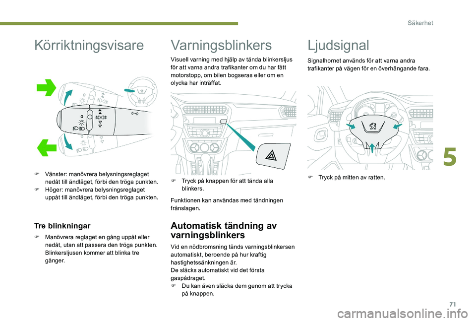 Peugeot 301 2017 Ägarmanual (in Swedish) 71
Körriktningsvisare
F Vänster: manövrera belysningsreglaget nedåt till ändläget, förbi den tröga punkten.
F
H
öger: manövrera belysningsreglaget
uppåt till ändläget, förbi den trö Peugeot 301 2017 Ägarmanual (in Swedish) 71
Körriktningsvisare
F Vänster: manövrera belysningsreglaget nedåt till ändläget, förbi den tröga punkten.
F
H
öger: manövrera belysningsreglaget
uppåt till ändläget, förbi den trö